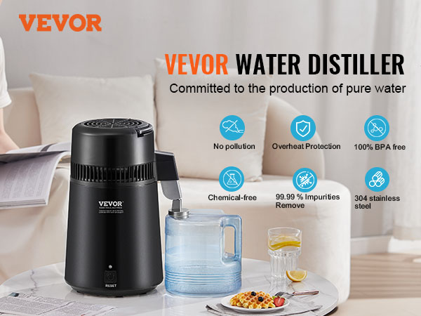 VEVOR water distiller on table near seated person, highlighting features like bpa-free and pure water production.