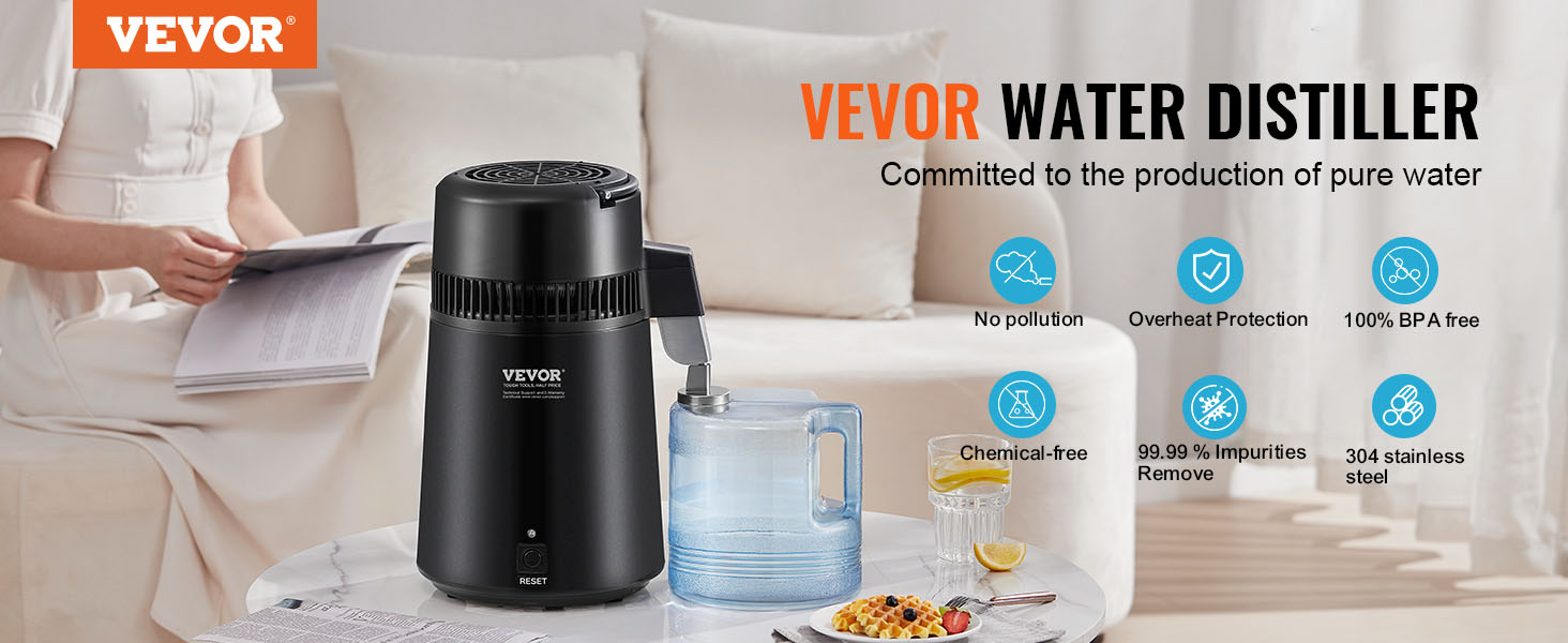 VEVOR water distiller on table near seated person, highlighting features like bpa-free and pure water production.
