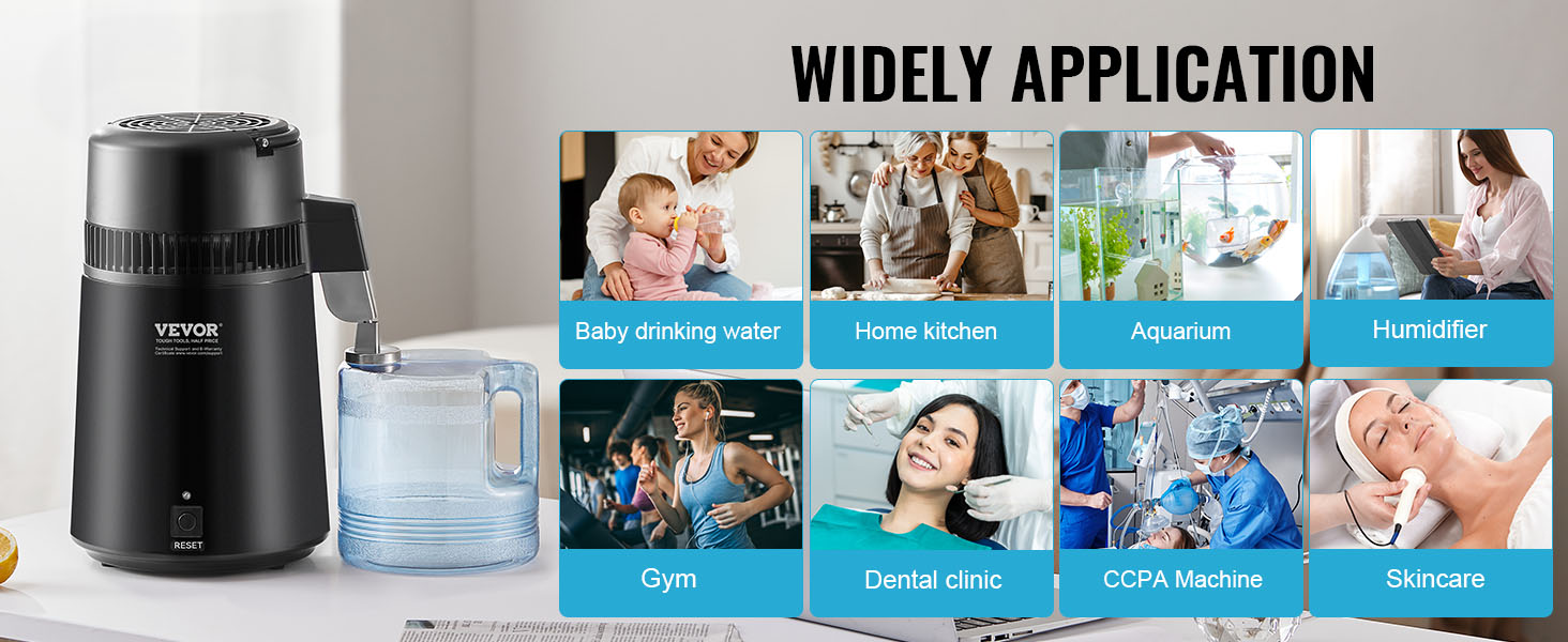 VEVOR water distiller with multiple applications: baby drinking water, home kitchen, aquarium, humidifier.