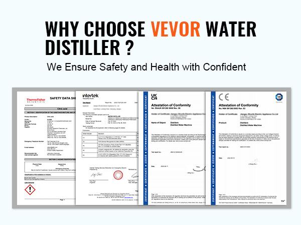 VEVOR water distiller with certifications, ensuring safety and health with confidence.