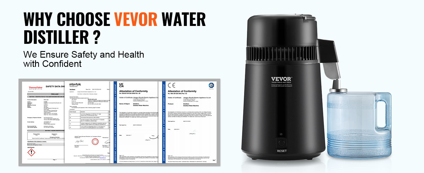 VEVOR water distiller with certifications, ensuring safety and health with confidence.