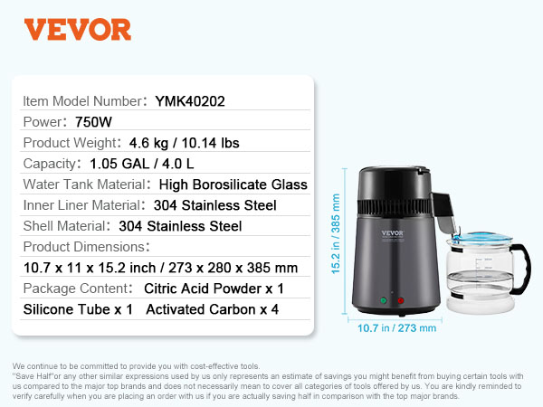VEVOR water distiller specifications alongside suggested uses in dental clinics, offices, hospitals, and laboratories.