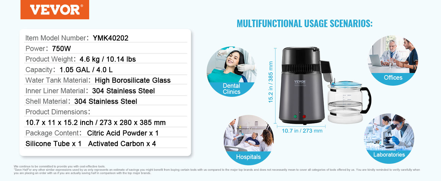 VEVOR water distiller specifications alongside suggested uses in dental clinics, offices, hospitals, and laboratories.