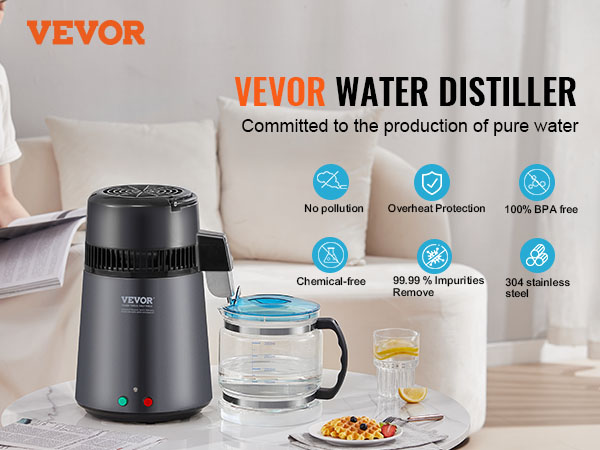 VEVOR water distiller, committed to pure water production, featuring bpa-free and chemical-free materials.