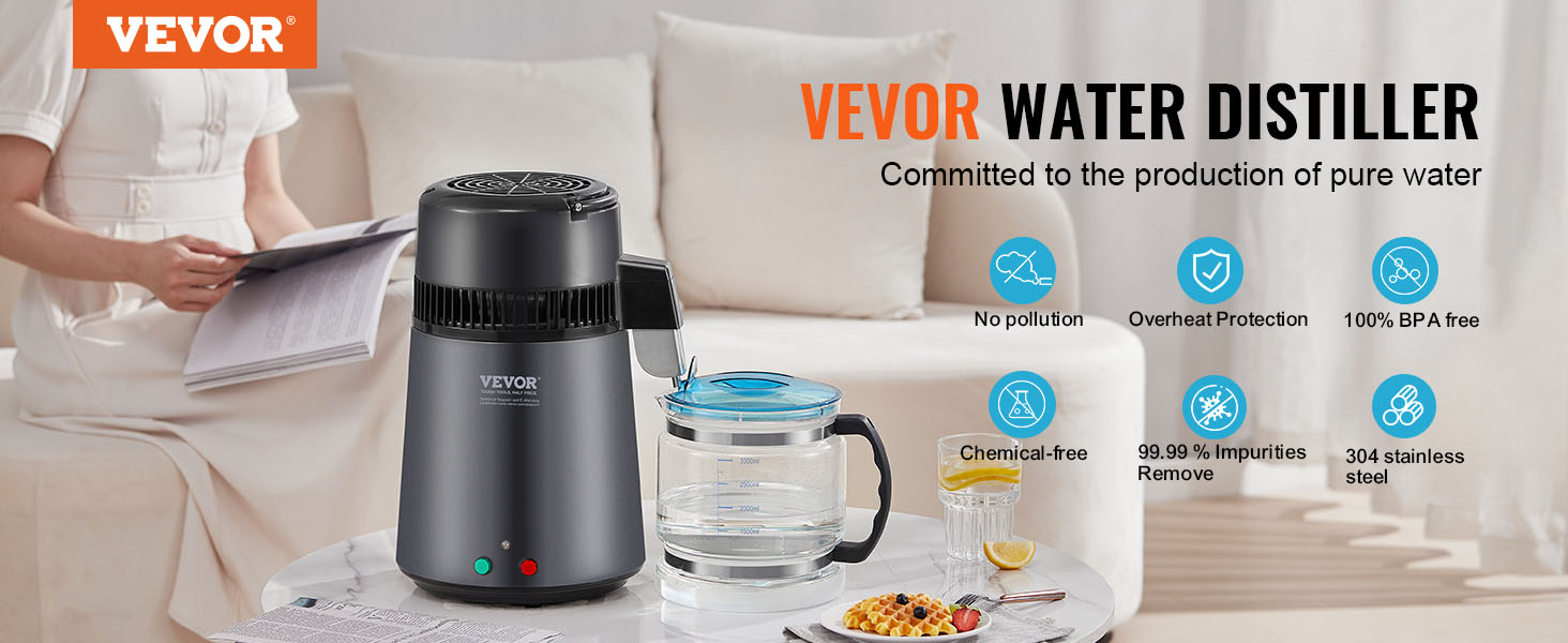 VEVOR water distiller, committed to pure water production, featuring bpa-free and chemical-free materials.
