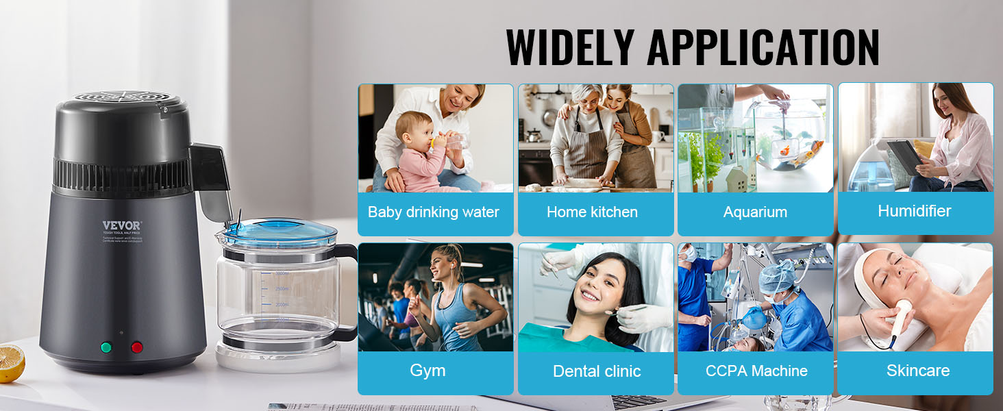 VEVOR water distiller for baby drinking water, home kitchen, aquarium, humidifier, gym, and dental clinic.