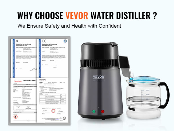 VEVOR water distiller with certifications for safety and health, ensuring high-quality water purification.