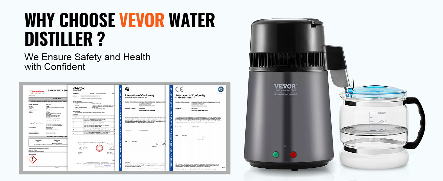 VEVOR water distiller with certifications for safety and health, ensuring high-quality water purification.