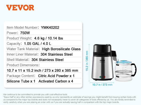 VEVOR water distiller, 750w, 4.0l capacity, stainless steel, ideal for clinics, offices, labs, hospitals.