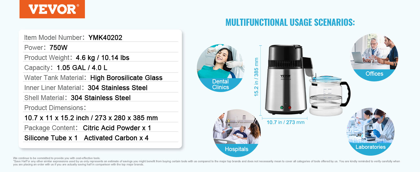 VEVOR water distiller, 750w, 4.0l capacity, stainless steel, ideal for clinics, offices, labs, hospitals.