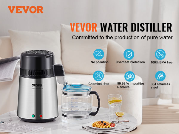 VEVOR water distiller on table, glass container, brochure, breakfast plate, sofa in background.