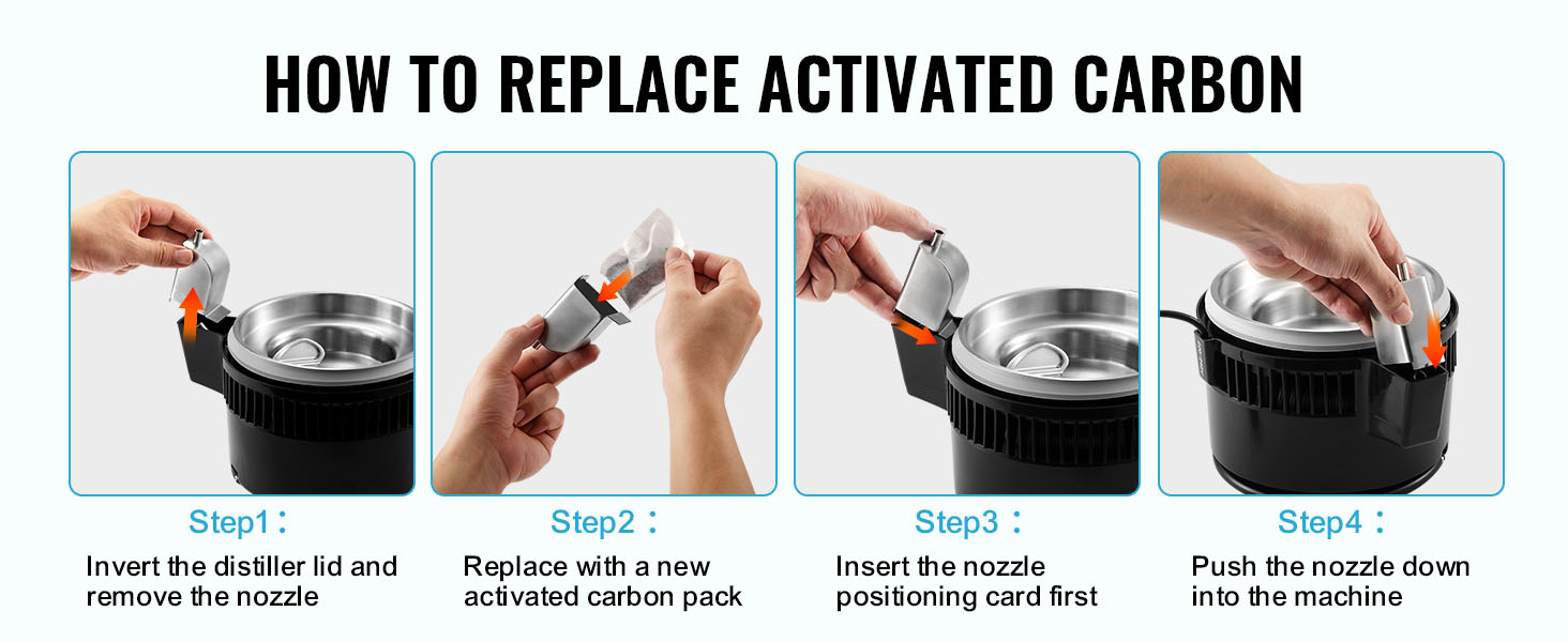 how to replace activated carbon in VEVOR water distiller with step-by-step instructions.