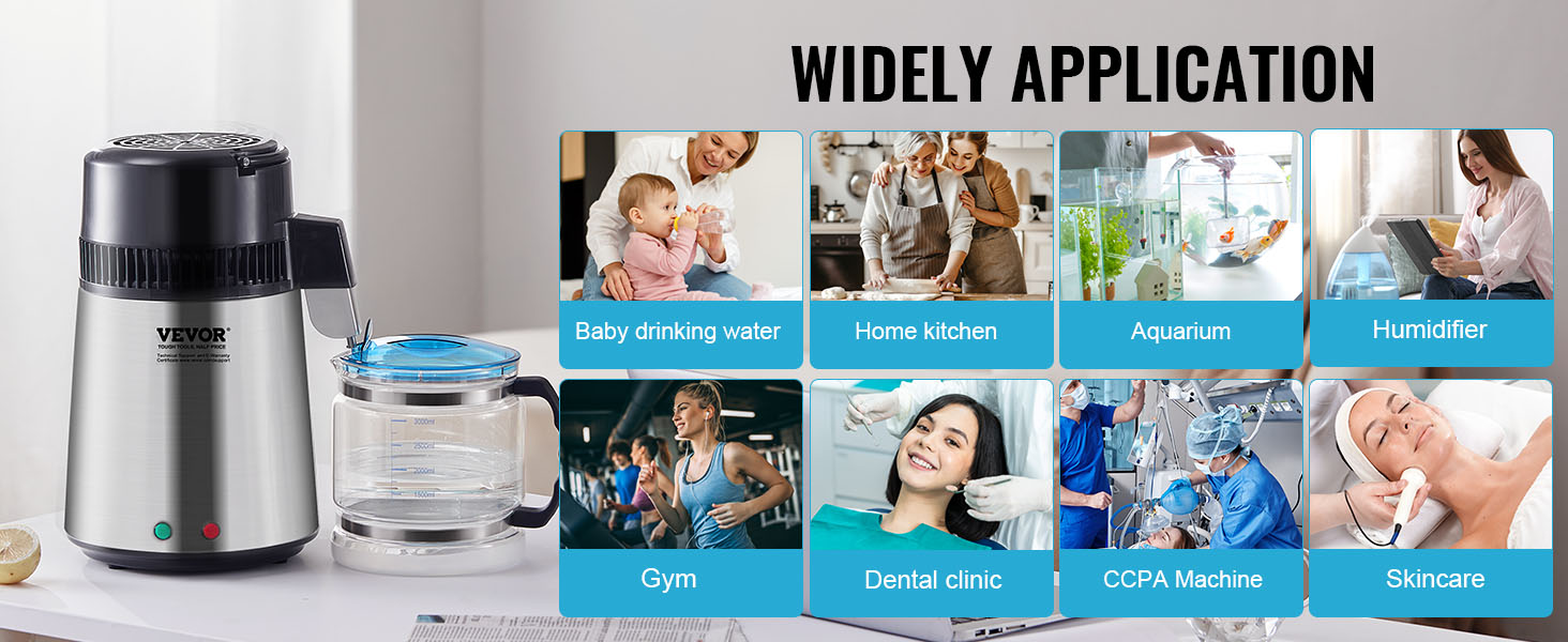 VEVOR water distiller for baby drinking water, home kitchen, aquarium, humidifier, gym, dental clinic, skincare.