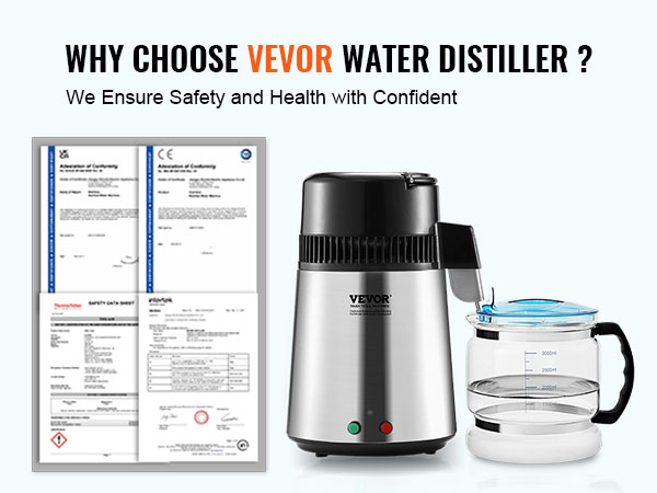 VEVOR water distiller with certification documents ensuring safety and health benefits.