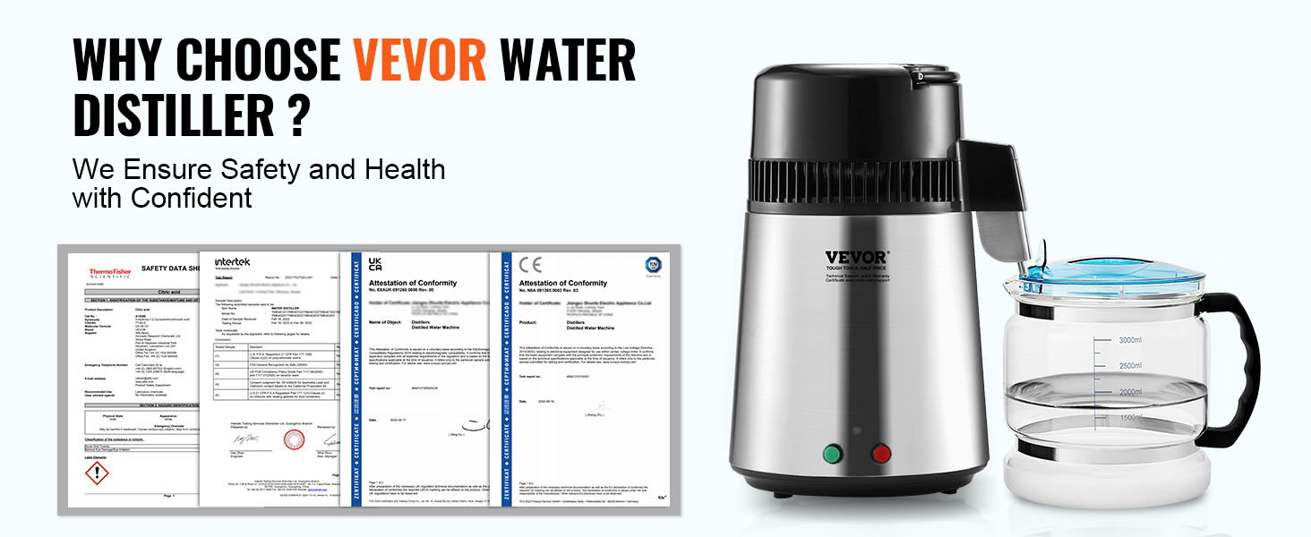 VEVOR water distiller with certification documents ensuring safety and health benefits.