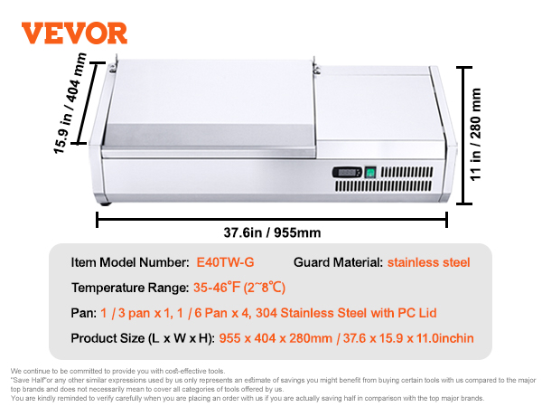 VEVOR refrigerated condiment prep station dimensions, stainless steel body, and temperature range 35-46°f.