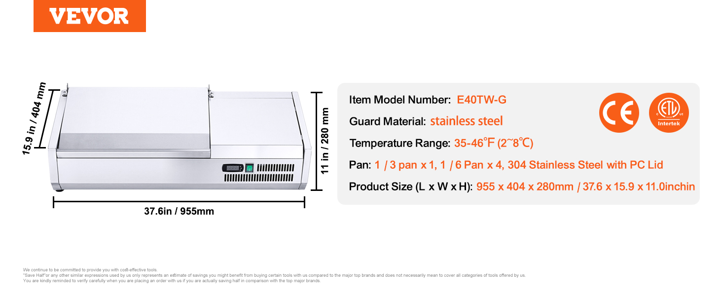 VEVOR refrigerated condiment prep station dimensions, stainless steel body, and temperature range 35-46°f.