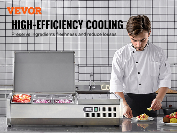 VEVOR refrigerated condiment prep station with high-efficiency cooling for freshness and reduced loss.