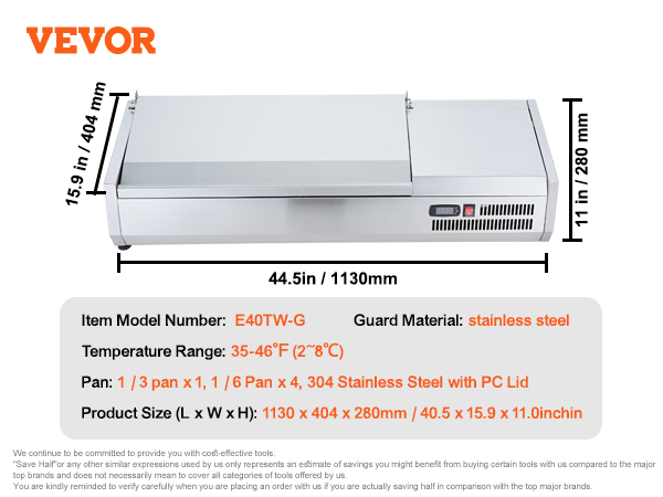 VEVOR refrigerated condiment prep station, stainless steel, 35-46°f, 1130x404x280mm, model e40tw-g.