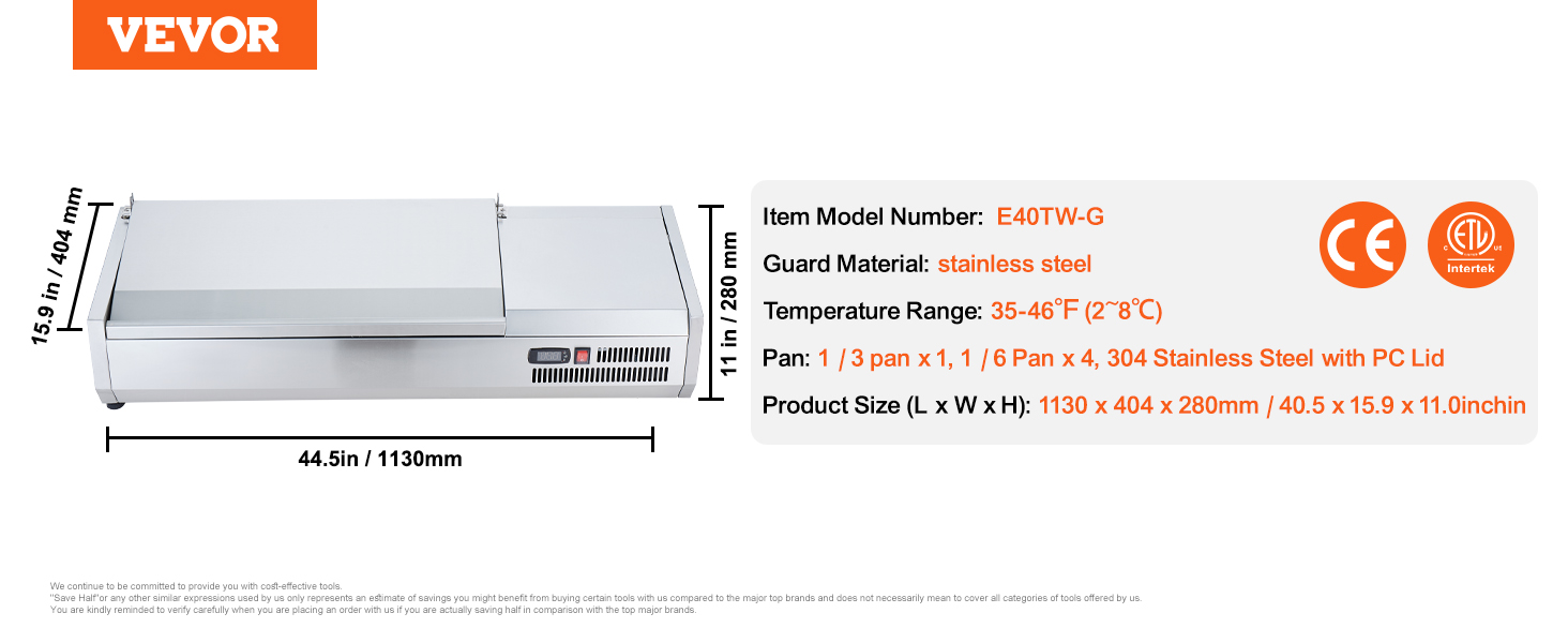 VEVOR refrigerated condiment prep station, stainless steel, 35-46°f, 1130x404x280mm, model e40tw-g.