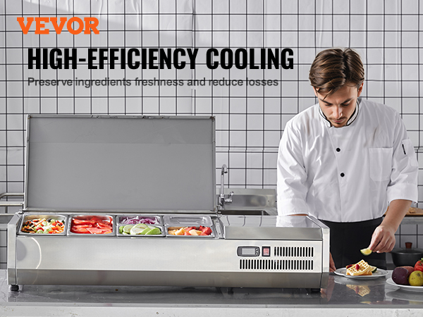 VEVOR refrigerated condiment prep station with high-efficiency cooling and fresh ingredients displayed.