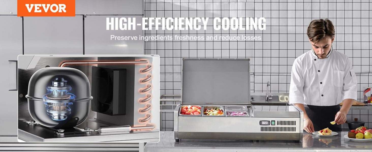 VEVOR refrigerated condiment prep station with high-efficiency cooling and fresh ingredients displayed.