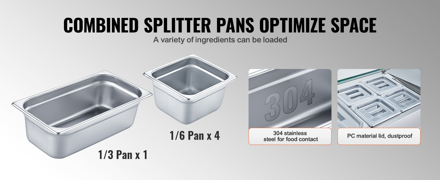 combined splitter pans for VEVOR refrigerated condiment prep station, 304 stainless steel, dustproof lid.