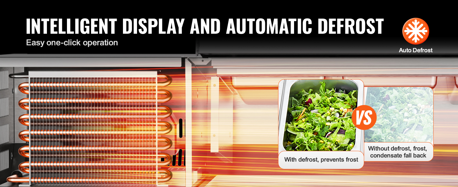 VEVOR refrigerated condiment prep station with intelligent display and automatic defrost features.