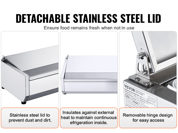 VEVOR refrigerated condiment prep station with detachable stainless steel lid for freshness and easy access.