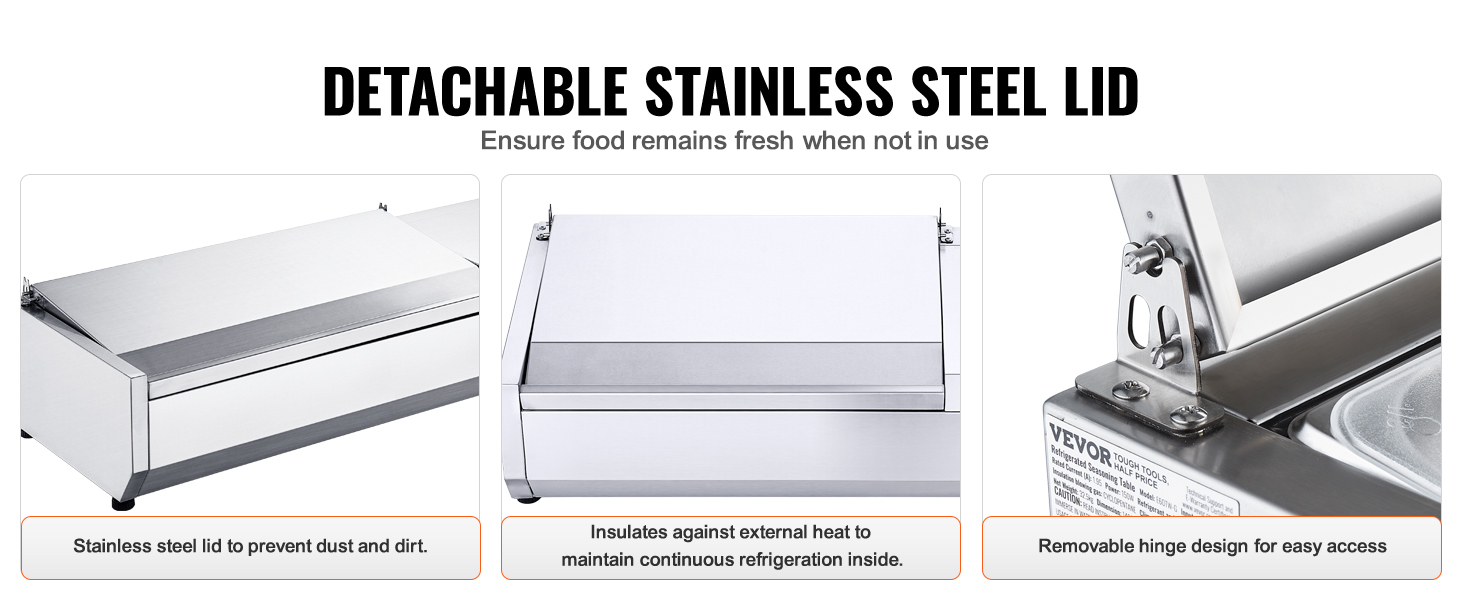 VEVOR refrigerated condiment prep station with detachable stainless steel lid for freshness and easy access.