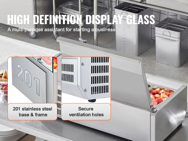 VEVOR refrigerated condiment prep station with stainless steel base and secure ventilation for restaurants.