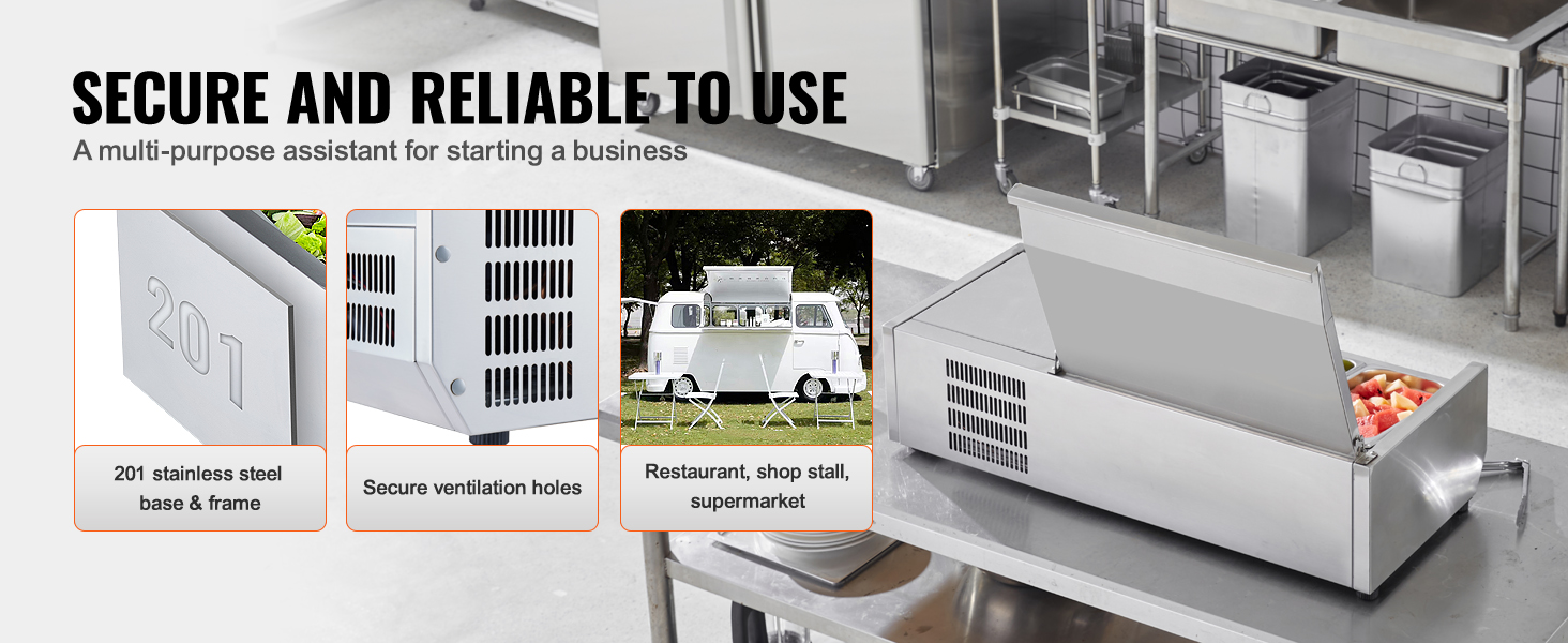 VEVOR refrigerated condiment prep station with stainless steel base and secure ventilation for restaurants.