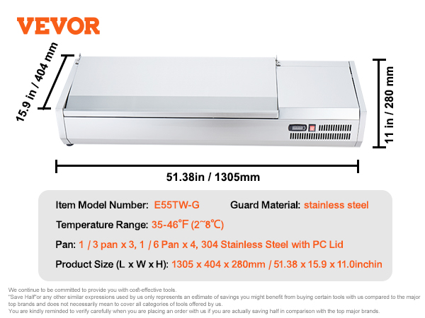 VEVOR refrigerated condiment station, stainless steel, dimensions: 51.38 x 15.9 x 11.0 inches, 35-46°f.