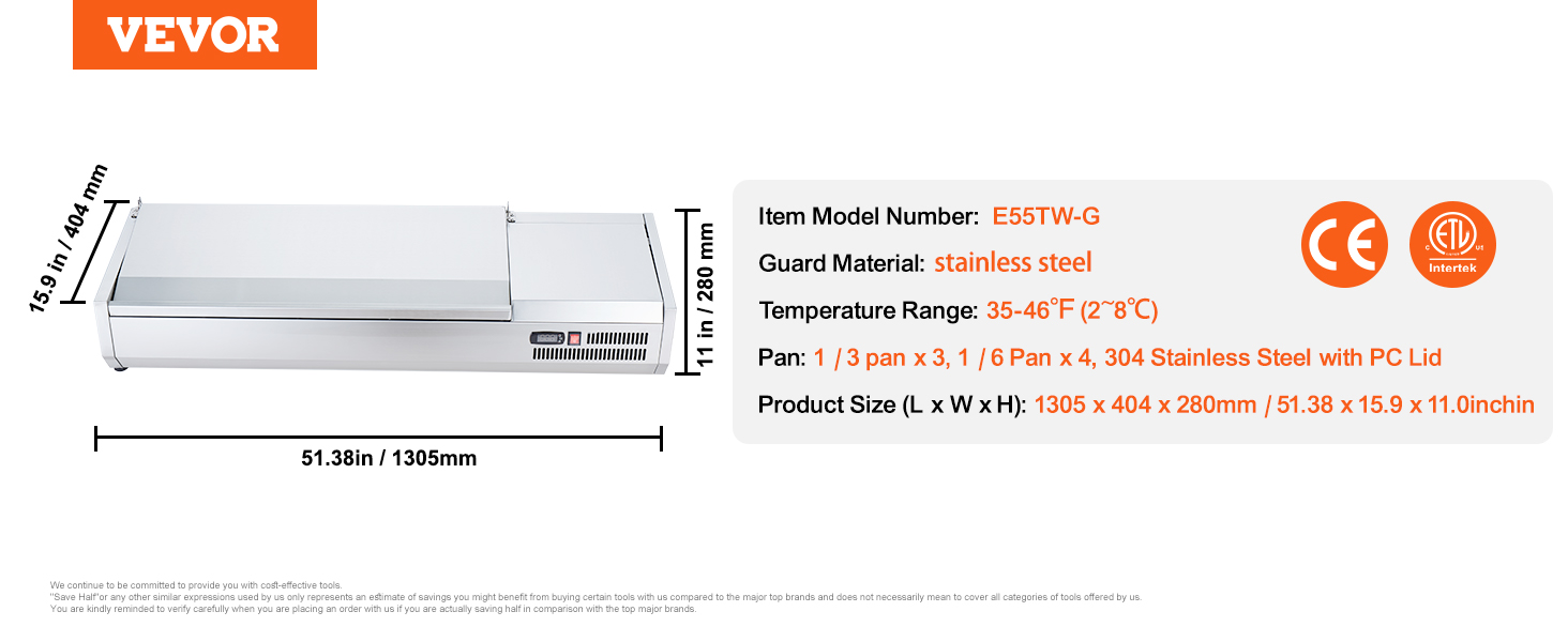 VEVOR refrigerated condiment station, stainless steel, dimensions: 51.38 x 15.9 x 11.0 inches, 35-46°f.
