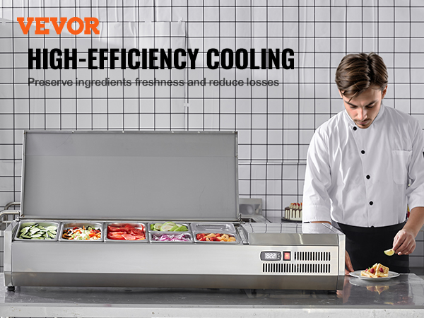 VEVOR refrigerated condiment station demonstrating high-efficiency cooling and preserving ingredient freshness.
