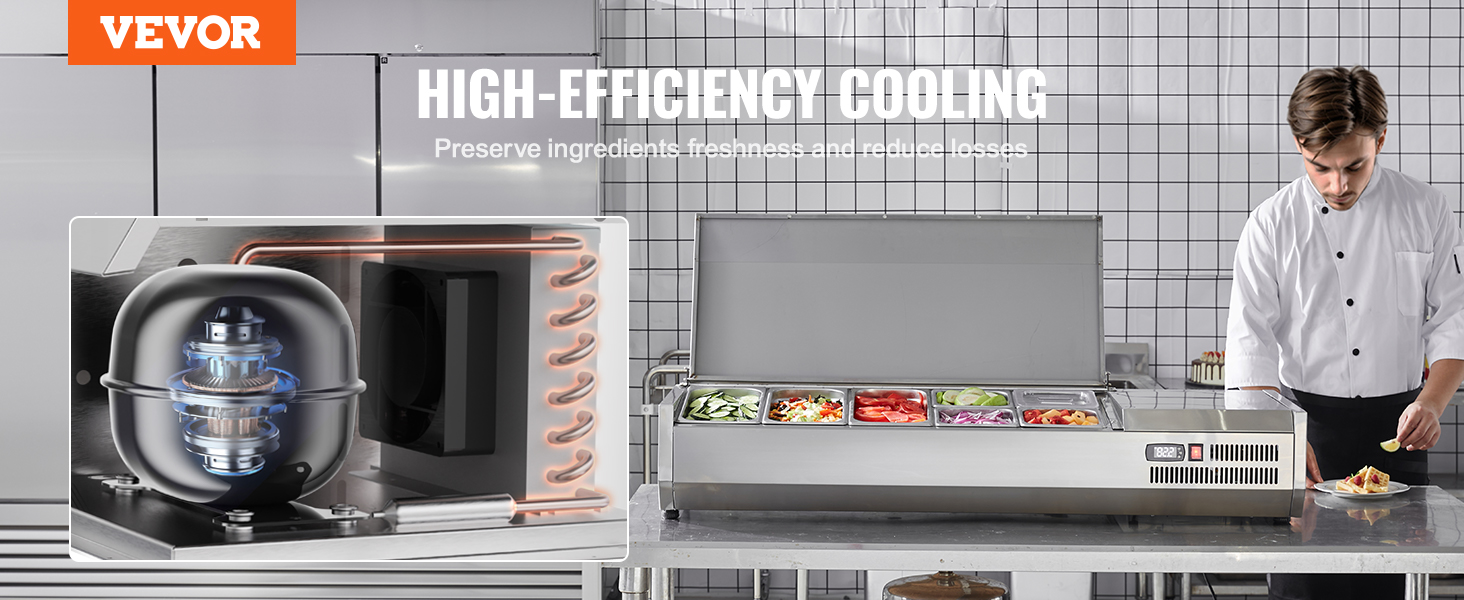 VEVOR refrigerated condiment station demonstrating high-efficiency cooling and preserving ingredient freshness.