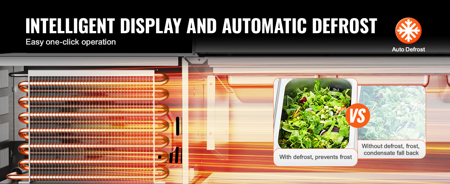 VEVOR refrigerated condiment station with intelligent display and automatic defrost, easy one-click operation.