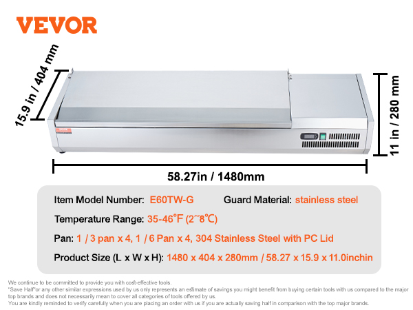 VEVOR refrigerated condiment prep station, 1480 x 404 x 280 mm, stainless steel guard, temperature range 35-46°f.