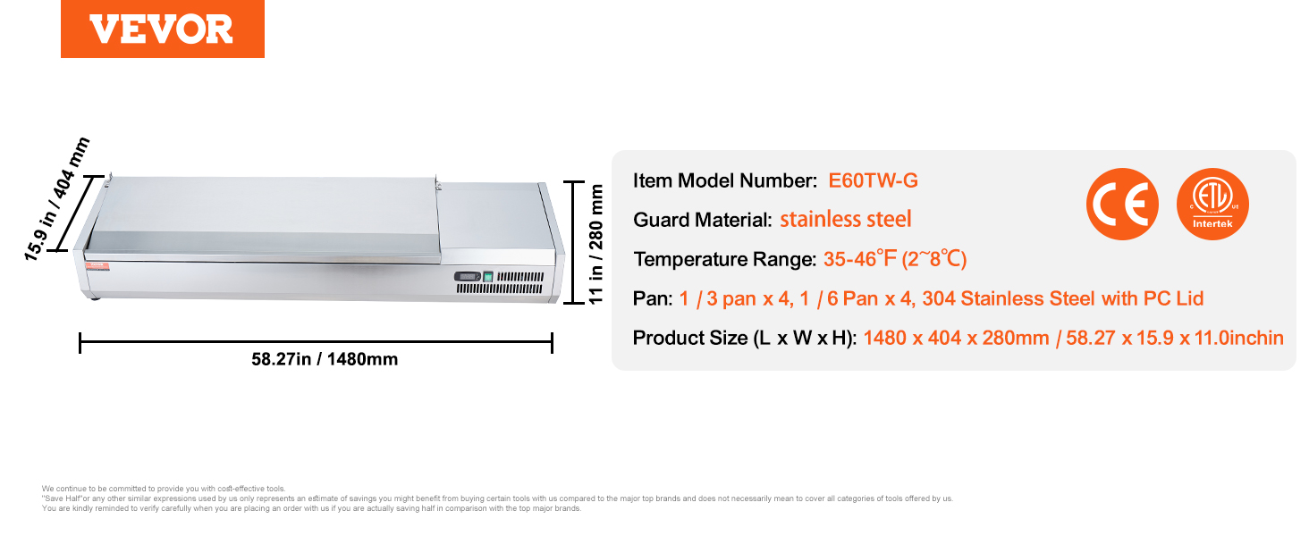 VEVOR refrigerated condiment prep station, 1480 x 404 x 280 mm, stainless steel guard, temperature range 35-46°f.