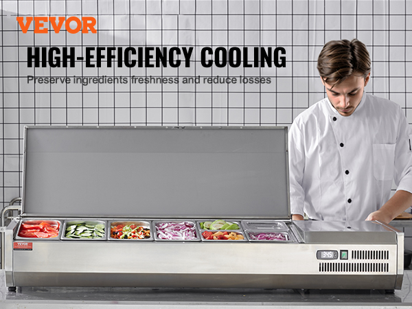 VEVOR refrigerated condiment prep station with high-efficiency cooling for fresh ingredients.