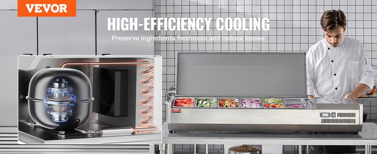 VEVOR refrigerated condiment prep station with high-efficiency cooling for fresh ingredients.