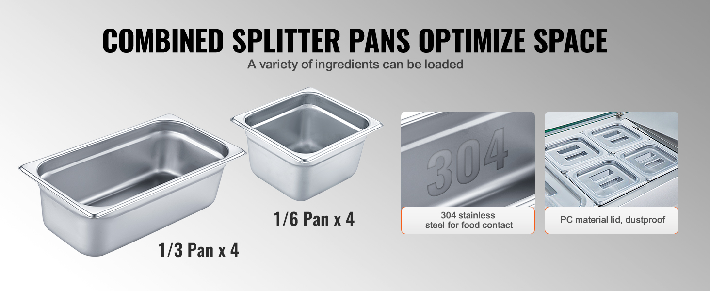 combined splitter pans for VEVOR refrigerated condiment prep station; includes 1/3 and 1/6 stainless steel pans.