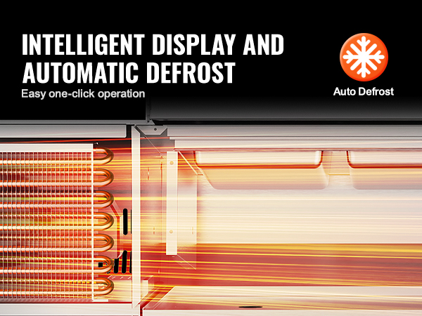 intelligent display and automatic defrost of VEVOR refrigerated condiment prep station, easy one-click operation.