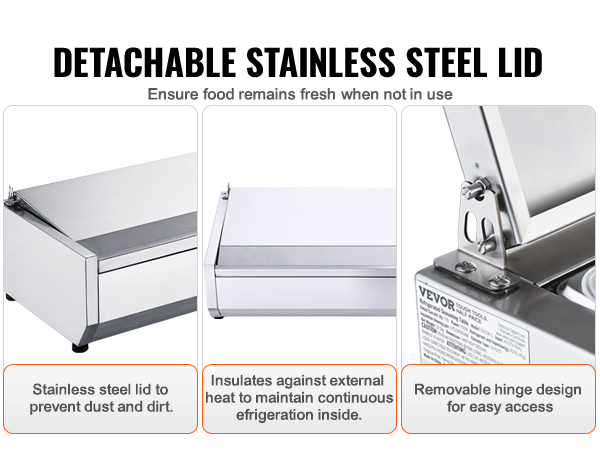 VEVOR refrigerated condiment prep station with detachable stainless steel lid for freshness.