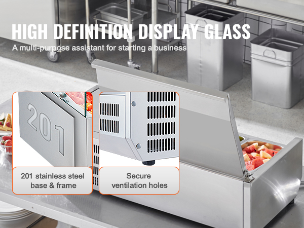 VEVOR refrigerated condiment prep station with stainless steel base, ventilation holes, and versatile use.