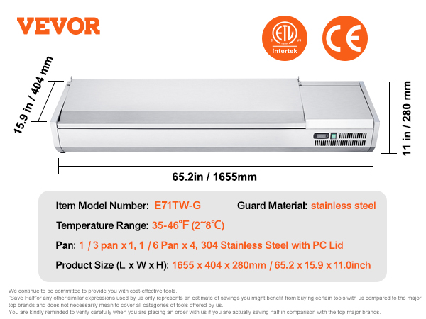 VEVOR refrigerated condiment prep station with stainless steel, 65.2in x 15.9in x 11in dimensions.