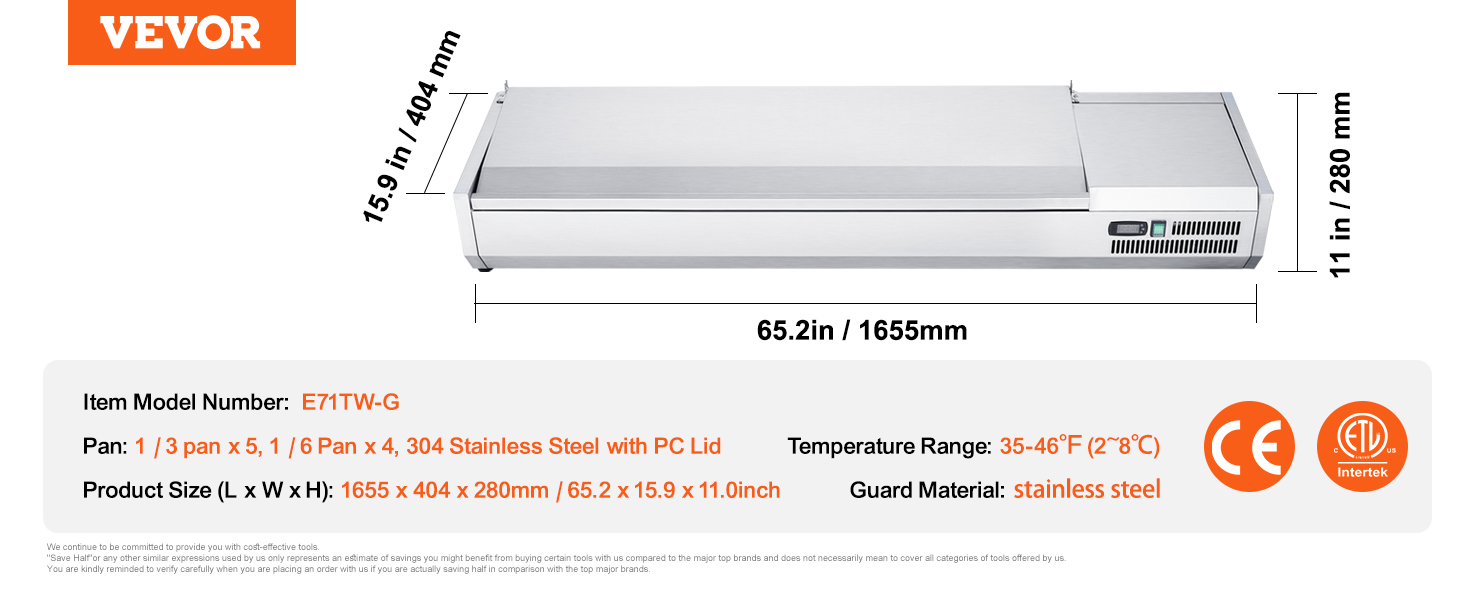 VEVOR refrigerated condiment prep station with stainless steel, 65.2in x 15.9in x 11in dimensions.