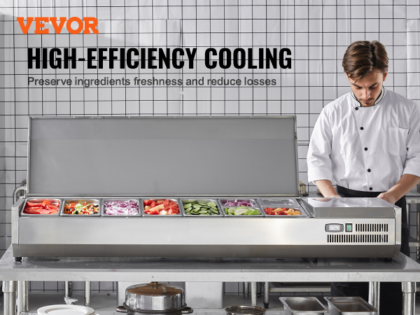 VEVOR refrigerated condiment prep station with high-efficiency cooling for preserving freshness.