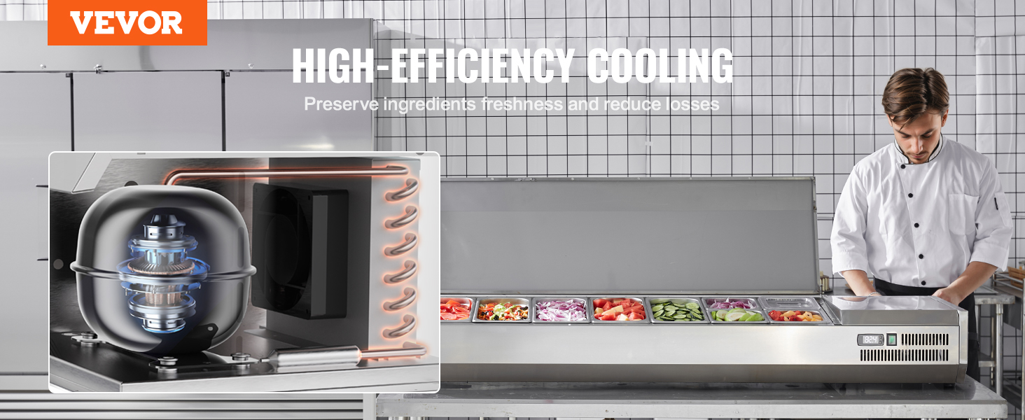 VEVOR refrigerated condiment prep station with high-efficiency cooling for preserving freshness.