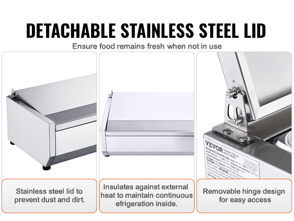 detachable stainless steel lid for VEVOR refrigerated condiment prep station ensuring food freshness.